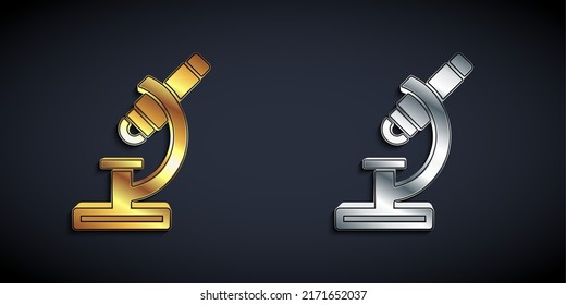 Gold- und Silbermikroskop-Symbol einzeln auf schwarzem Hintergrund. Chemie, pharmazeutisches Instrument, mikrobiologisches Vergrößerungswerkzeug. Lange Schattenstil. Vektorgrafik