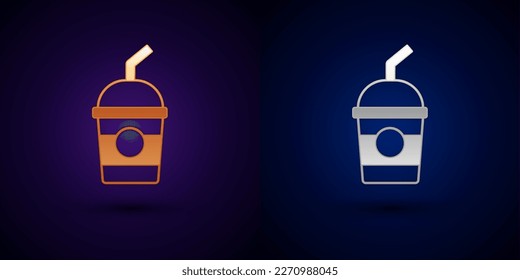 Gold and silver Milkshake icon isolated on black background. Plastic cup with lid and straw.  Vector