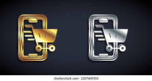 Gold and silver Mobile phone and shopping cart icon isolated on black background. Online buying symbol. Supermarket basket symbol. Long shadow style. Vector