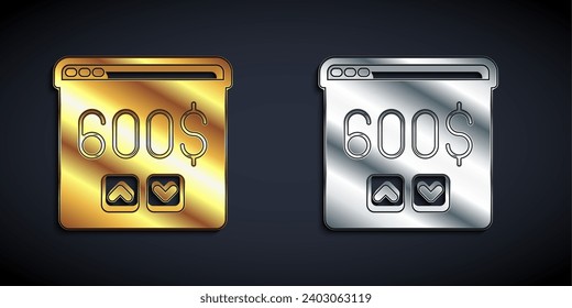 Gold and silver Monitor with dollar icon isolated on black background. Sending money around the world, money transfer, online banking, financial transaction. Long shadow style. Vector
