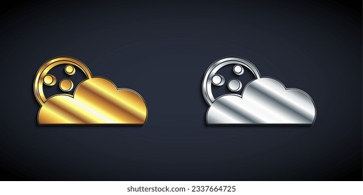Gold and silver Moon and stars icon isolated on black background. Cloudy night sign. Sleep dreams symbol. Full moon. Night or bed time sign. Long shadow style. Vector