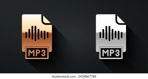 Gold and silver MP3 file document. Download mp3 button icon isolated on black background. Mp3 music format sign. MP3 file symbol. Long shadow style. Vector