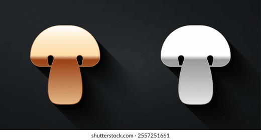 Gold and silver Mushroom icon isolated Gold and silver background. Long shadow style. Vector