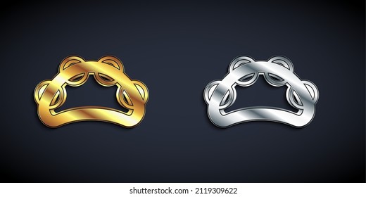 Gold and silver Musical instrument percussion tambourine, with metal plates icon isolated on black background. Long shadow style. Vector