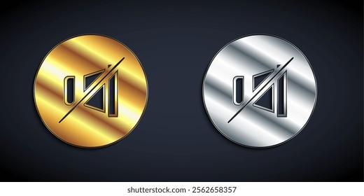 Gold and silver Mute microphone icon isolated on black background. Microphone audio muted. Long shadow style. Vector