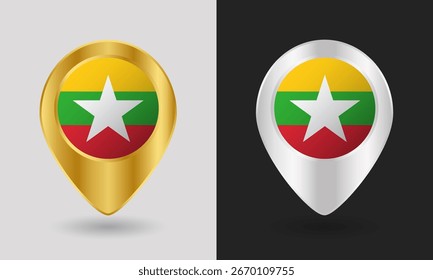 Gold and Silver Myanmar Flag Map Pin Icon