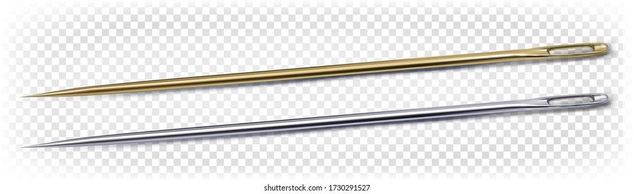 Gold and silver needle for sewing. Sewing tools. Vector 3d realistic illustration isolated on white background.