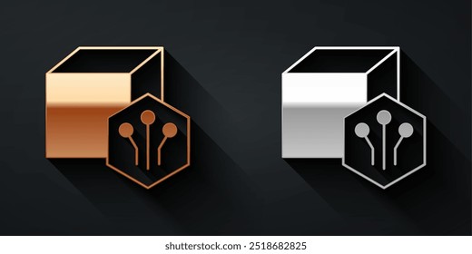 Ouro e prata NFT ícone de cripto arte digital isolado no fundo preto. Token não fungível. Estilo de sombra longa. Vetor