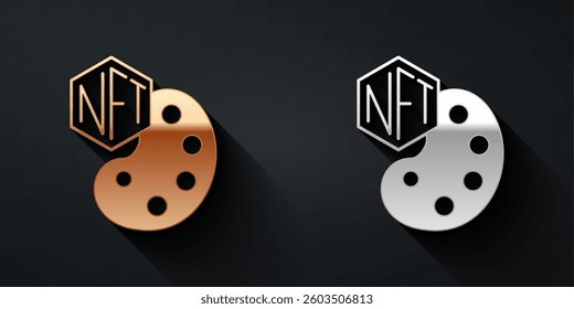 Gold and silver NFT Digital crypto art icon isolated on black background. Non fungible token. Long shadow style. Vector
