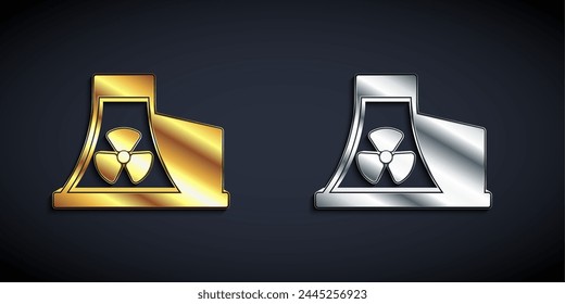 Gold and silver Nuclear power plant icon isolated on black background. Energy industrial concept. Long shadow style. Vector