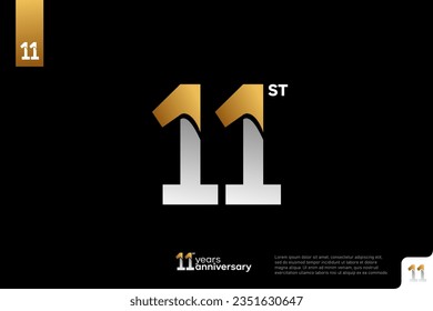 Gold and silver number 11 logo icon design on black background, 11st birthday logo number, anniversary 11
