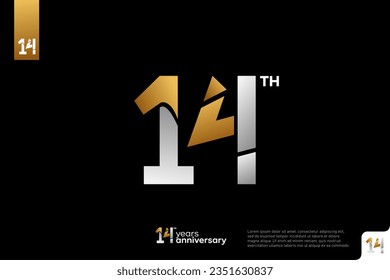 Gold and silver number 14 logo icon design on black background, 14th birthday logo number, anniversary 14