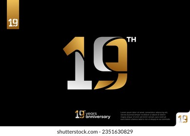 Oro y plata número 19 diseño de icono del logo sobre fondo negro, número del logo de 19º cumpleaños, aniversario 19