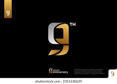 Gold and silver number 9 logo icon design on black background, 9th birthday logo number, anniversary 9