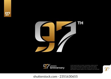 Gold and silver number 97 logo icon design on black background, 97th birthday logo number, anniversary 97