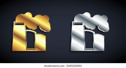 Gold and silver Oil and gas industrial factory building icon isolated on black background. Long shadow style. Vector