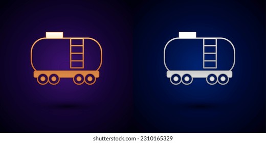 Gold and silver Oil railway cistern icon isolated on black background. Train oil tank on railway car. Rail freight. Oil industry.  Vector