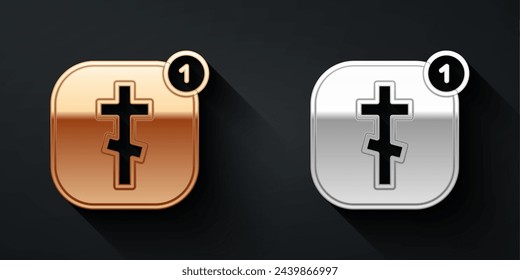 Gold and silver Online church pastor preaching video streaming icon isolated on black background. Online church of Jesus Christ. Long shadow style. Vector