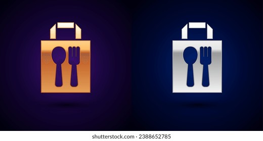 Gold and silver Online ordering and fast food delivery icon isolated on black background.  Vector