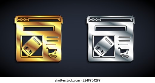 Gold and silver Online shopping on screen icon isolated on black background. Concept e-commerce, e-business, online business marketing. Long shadow style. Vector