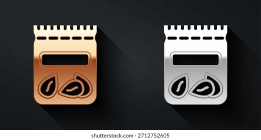 Paquete de oro y plata lleno de semillas de un icono de planta específico aislado sobre fondo negro. Estilo de sombra larga. Vector
