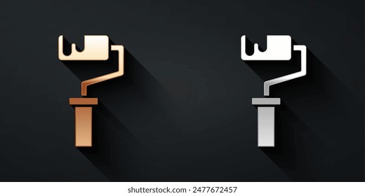 Icono de pincel de rodillo de pintura dorado y plateado aislado sobre fondo negro. Estilo de sombra larga. Vector