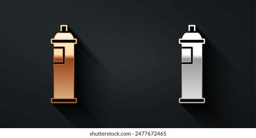 Gold and silver Paint spray can icon isolated on black background. Long shadow style. Vector