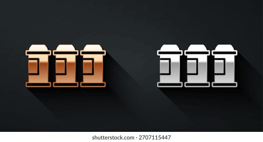 Icono de lata de pintura de oro y plata aislado sobre fondo negro. Estilo de sombra larga. Vector