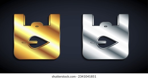 Gold and silver Paper shopping bag with recycle icon isolated on black background. Bag with recycling symbol. Long shadow style. Vector