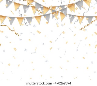 Gold and silver party background. Party flag, confetti, and streamer.