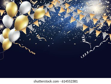 Gold and silver party flags with confetti and balloon. Celebration design with shining particles