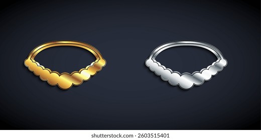 Gold and silver Pearl necklace icon isolated on black background. Long shadow style. Vector