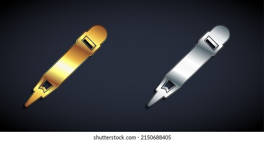 Gold and silver Pencil with eraser icon isolated on black background. Drawing and educational tools. School office symbol. Long shadow style. Vector