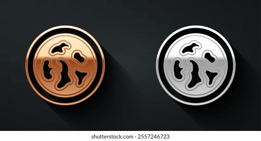Gold and silver Petri dish with bacteria icon isolated on black background. Long shadow style. Vector