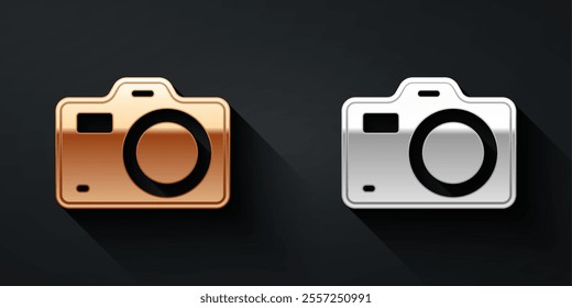 Gold and silver Photo camera icon isolated on black background. Foto camera. Digital photography. Long shadow style. Vector