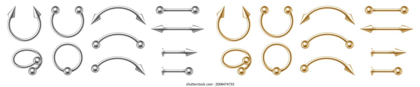Gold and silver piercing jewelry for face and body. Realistic set of golden and chrome earrings for pierce nose, ears, lips and eyebrows. 3d vector illustration