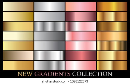 Gold silver pink bronze gradient set background vector icon texture metallic illustration for frame, ribbon, banner, coin and label. Realistic abstract golden design seamless pattern. Shine template