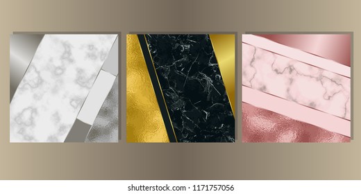 Gold, silver and pink gold and marble cover set. Luxury metal foil and stone abstract background for templstes, brochures, banners, greeting cards, invitation.