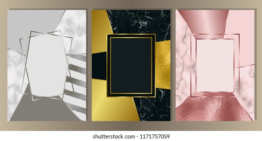 Gold, silver and pink gold and marble cover set. Luxury metal foil and stone abstract A4 background for templstes, brochures, banners, greeting cards, invitation with text place.