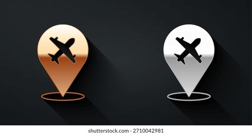 Gold and silver Plane icon isolated on black background. Flying airplane icon. Airliner sign. Long shadow style. Vector