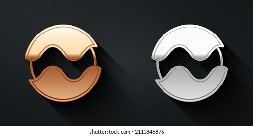 Gold and silver Planet icon isolated on black background. Long shadow style. Vector