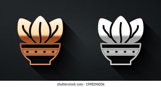 Gold and silver Plant in pot icon isolated on black background. Plant growing in a pot. Potted plant sign. Long shadow style. Vector