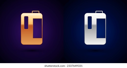 Gold and silver Plastic bottle with handle for milk icon isolated on black background. Gallon of milk.  Vector
