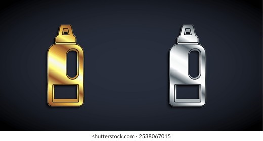 Gold and silver Plastic bottle for laundry detergent, bleach, dishwashing liquid or another cleaning agent icon isolated on black background. Long shadow style. Vector