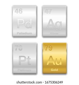 Gold, silver, platinum, palladium on periodic table. Precious metals, chemical elements with a high economic value. Symbols and atomic numbers, golden and silver vector illustration on white.
