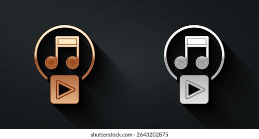 Gold and silver Play in square icon isolated on black background. Long shadow style. Vector