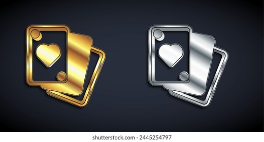 Gold and silver Playing cards icon isolated on black background. Casino gambling. Long shadow style. Vector