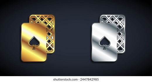 Gold and silver Playing cards icon isolated on black background. Casino gambling. Long shadow style. Vector