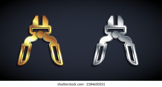 Gold and silver Pliers tool icon isolated on black background. Pliers work industry mechanical plumbing tool. Long shadow style. Vector