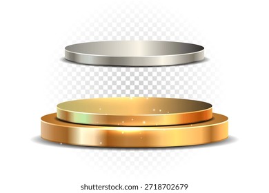 Gold Silber Podium Vektor realistische 3D Luxus-Metallbühne Plattform auf isoliertem Sockel für Award-Gewinner-Präsentation und Produkt-Display